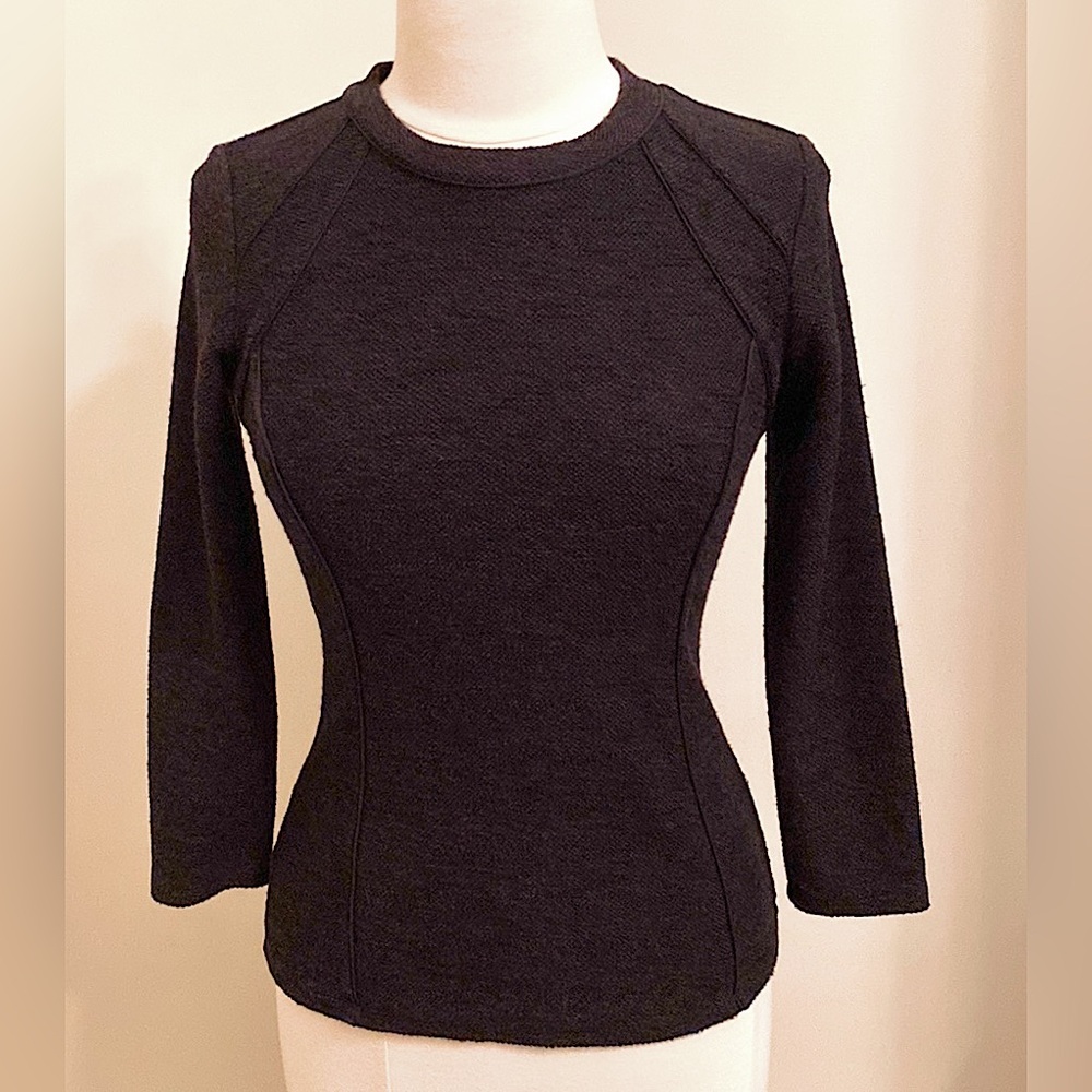 Ann Taylor Black Texture Tweed Crew Neck Piping Panel Fitted Long Sleeve Top XS
